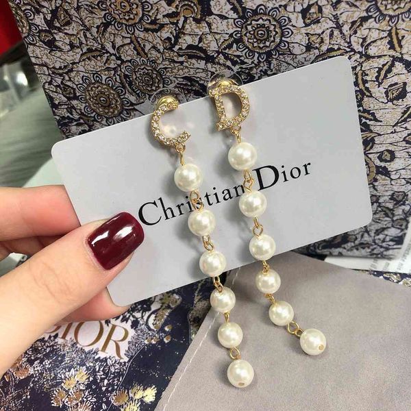 

2021 luxury designer jewelry letter tassel pearl earrings female personality long temperament ear jewelry simple show face thin fashion, Silver