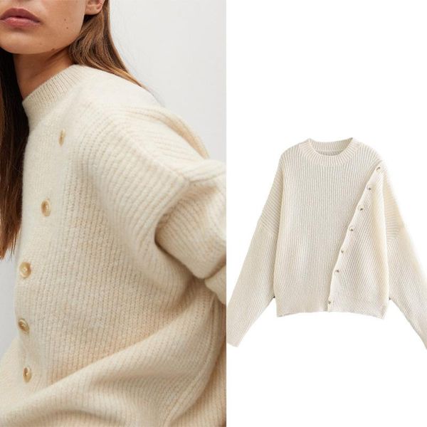

women's sweaters lpnvvs zar 2021 tr stitching oblique button round neck knit girly all-match pullover fashion ladies chic pl981, White;black