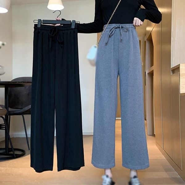 

spring autumn korean retro high waist loose casual straight cropped pants women's & capris, Black;white
