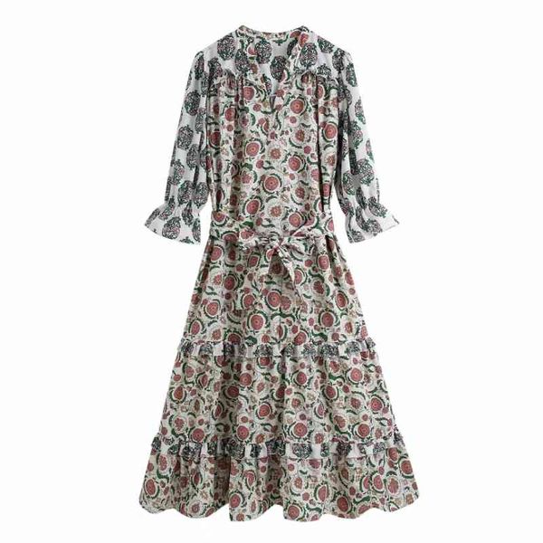 

spring women flower printing splicing midi shirt dress female v neck puff sleeve clothes casual lady loose vestido d7395 210430, Black;gray
