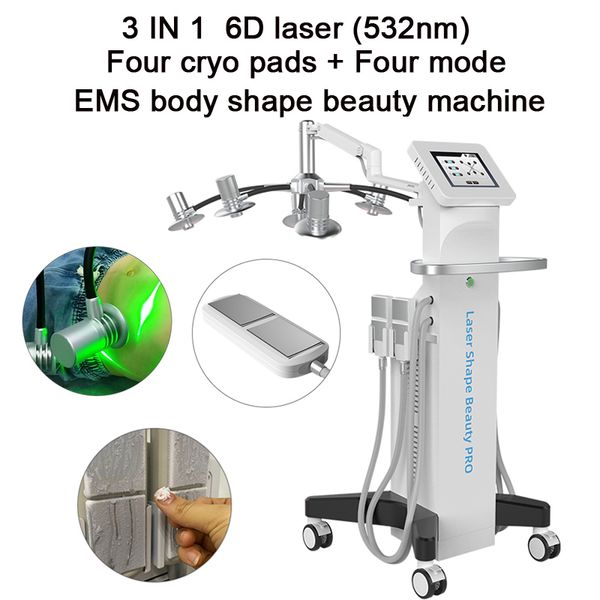 3 в 1 6D Lipo Лазерный криолиполиза лечение лекарств EMS тело для похудения машина с 532NM зеленого света целлюлита удаления Cool Paddles быстрый потерю веса машина