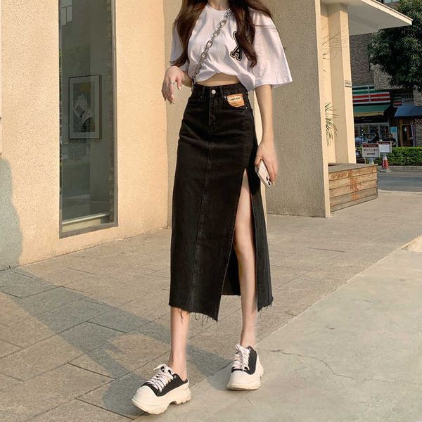 

2021 summer korean high waist split denim skirt for women, Black