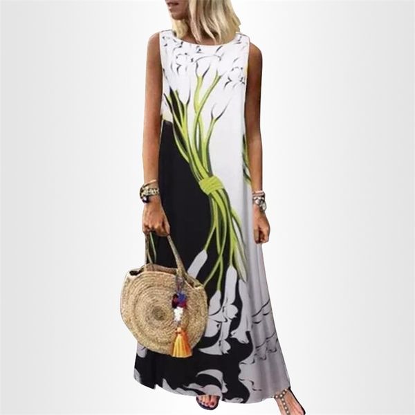 

sundress women summer dress print floral dress midi plus size casual linen loose sleeveless printed long maxi dress 210331, Black;gray