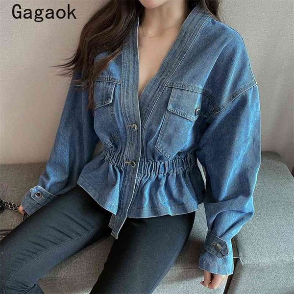 

denim jacket women streetwear spring autumn solid v-neck short button fashion jackets slim wild korean coat 210531, Black;brown