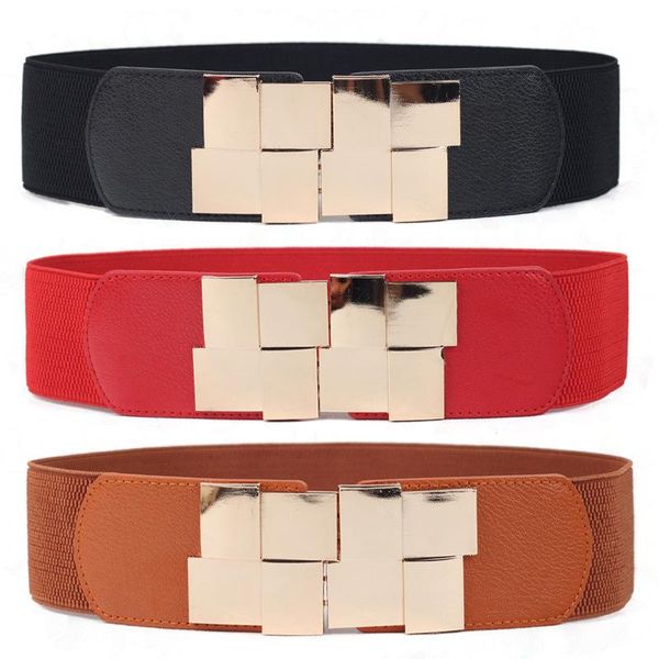 

belts women elastic waist closure wide belt gold square buckle dress decorative female self - cultivation band girdle, Black;brown