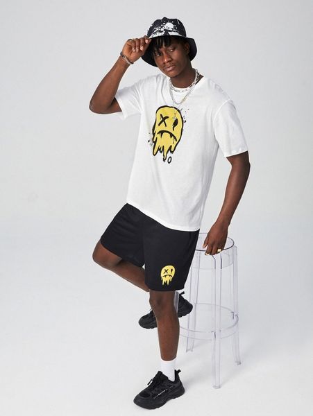 

men drop shoulder cartoon face print tee & track shorts a3ht#, Gray