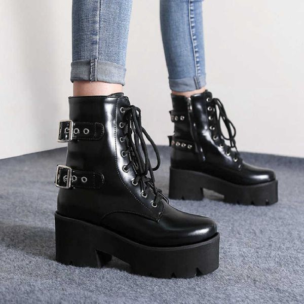 

zawsthia goth punk plain black double buckle strap lace-up womens winter shoes platform waterproof chunky high heels ankle boots 210611