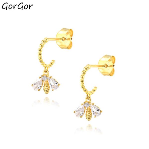 

gorgor stud earrings women 925 sterling insect bee gold plated mosaic zircon individuality anniversary jewelry 60203760120, Golden;silver