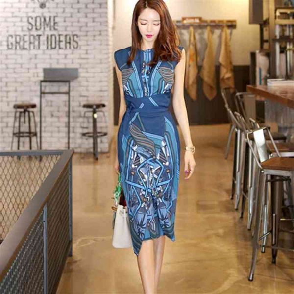 Koreanische ärmellose Kleider Sommer Damen Eleganter Druck Slim Arbeitskleidung Büro Business Casual Party Mantel, figurbetontes Kleid 210514