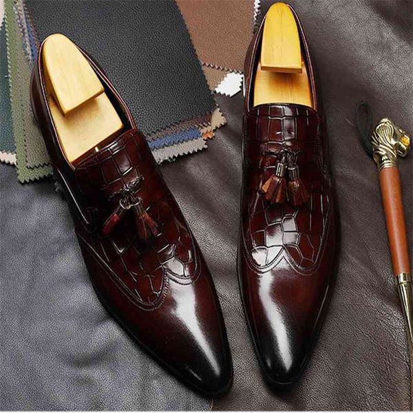 

tassels pattern formal business shoes luxury slip on pointed toe dress genuine leather wedding for men f17 210907, Black