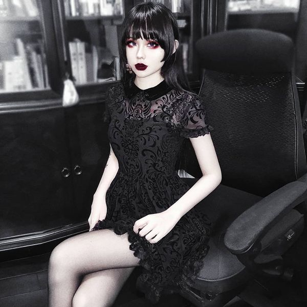 

2021insgoth vintage lace gothic dress women party hollow out black mini short sleeve dresses harajuku casual female mesh dress, Black;gray