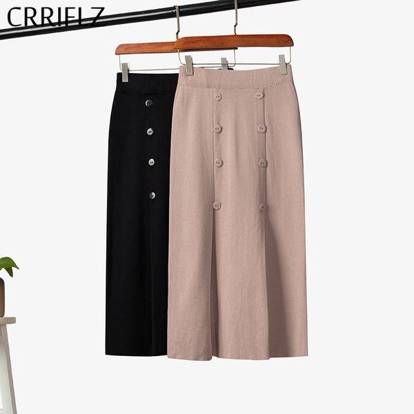 

double breasted vintage skirt women autumn winter casual solid knitted midi crriflz 210520, Black