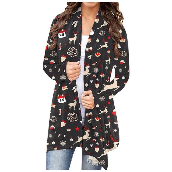 

women's wool & blends christmas long sleeve front cardigan printed lightweight jacket printing flower casual coats, Black