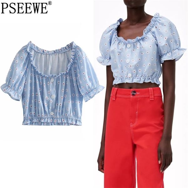 

summer blouses women blue floral crop woman fashion short puff sleeve female cottagecore ruffle blouse 210519, White