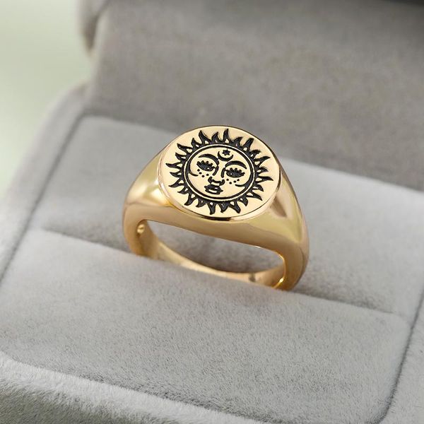

wedding rings vintage sun face punk for women men stainless steel gold couple aesthetic ring exaggeration gothic 2021 jewelry gift, Slivery;golden