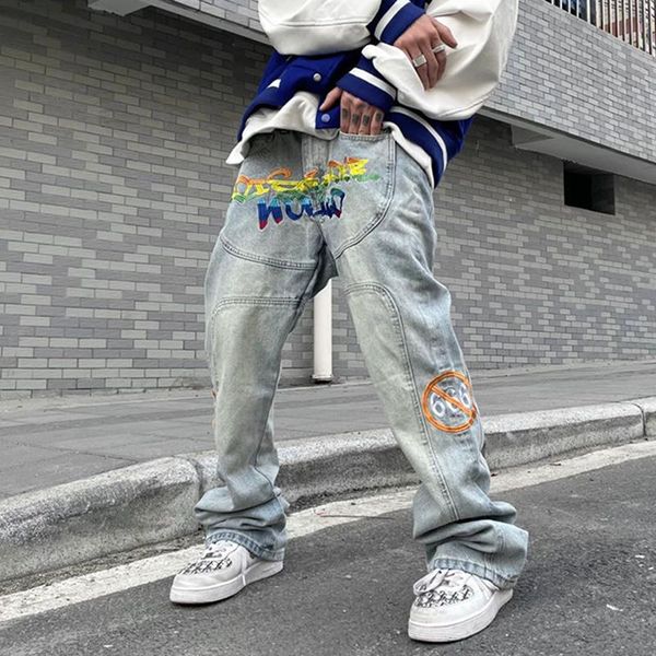 

men's jeans hip-hop rainbow alphabet embroidery mens washed distressed high street retro denim trousers straight loose casual pants, Blue