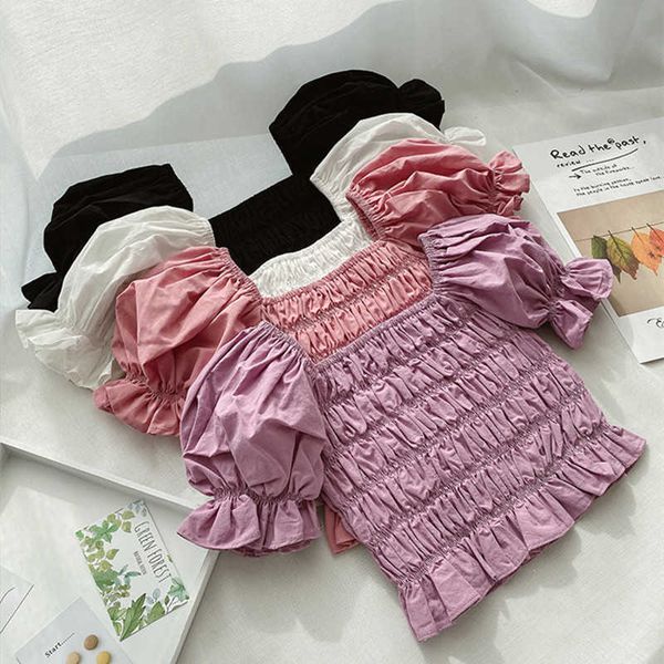 

summer korean style puff sleeve baby girls princess blouses pure color cute toddlers kids children pleated shirts 210615, White;black