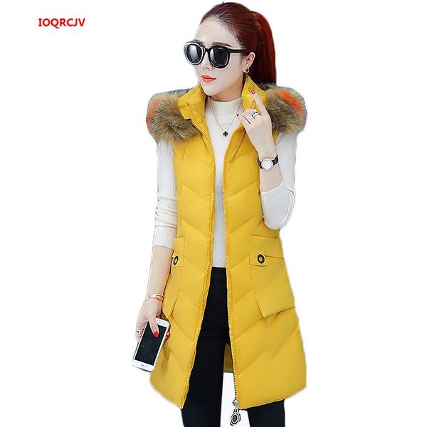 

women's vests winter jacket women vest slim fur collar hooded long sleeveless coat parkas 2021 thicken warm cotton down mujer w1215, Black;white
