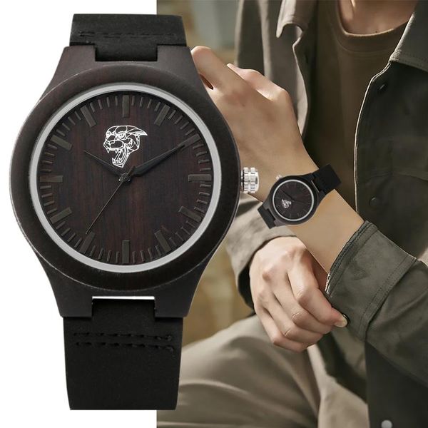 

wristwatches simple men wood watch unique wolf head dial art design quartz ebony black leather band male women wristwatch reloj, Slivery;brown