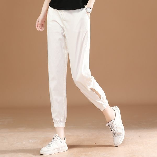 

elastic waist 9-point casual women's summer 2021 new white split hem harlan pants pt6716, Black