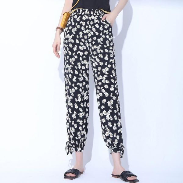 

women's pants & capris women high waist chiffon daisy harem 2021 summer thin plus size floral lanterns trouser office lady elegant casu, Black;white