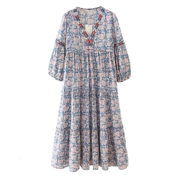 

dresses women floral print bohemian beach es chic v-neck embroidery 3/4 sleeve casual long spring summer boho holiday blue, Black;gray
