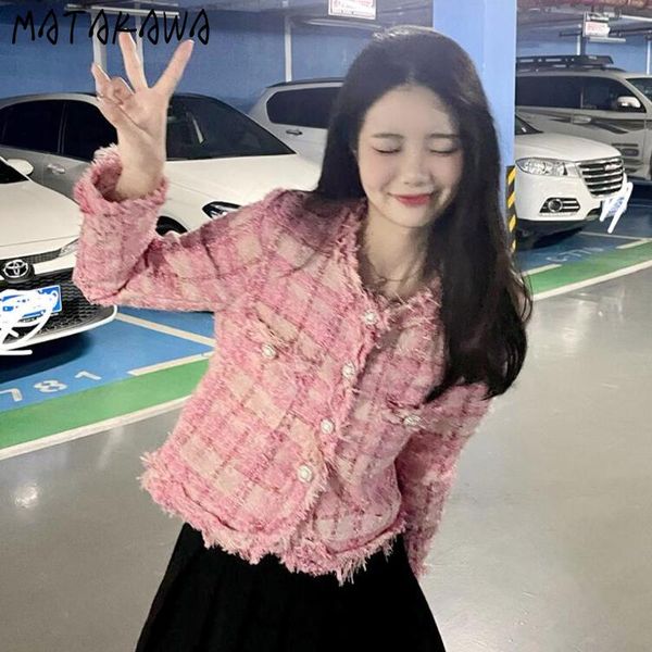

women's jackets matakawa woman jacket autumn korean fashion round neck long sleeve plaid short coat women elegant all-match office lady, Black;brown