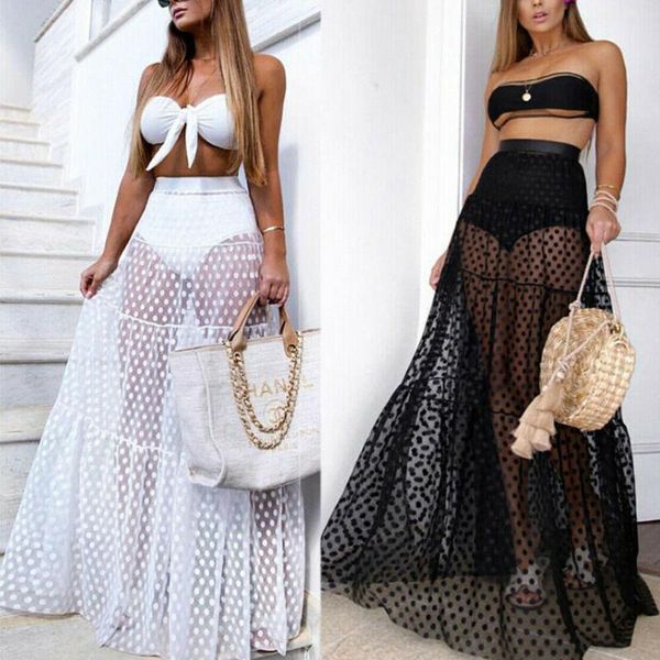 

women's swimwear women summer beach sunflower boho maxi high taille sheer rok retro stip long rokken club party, White;black