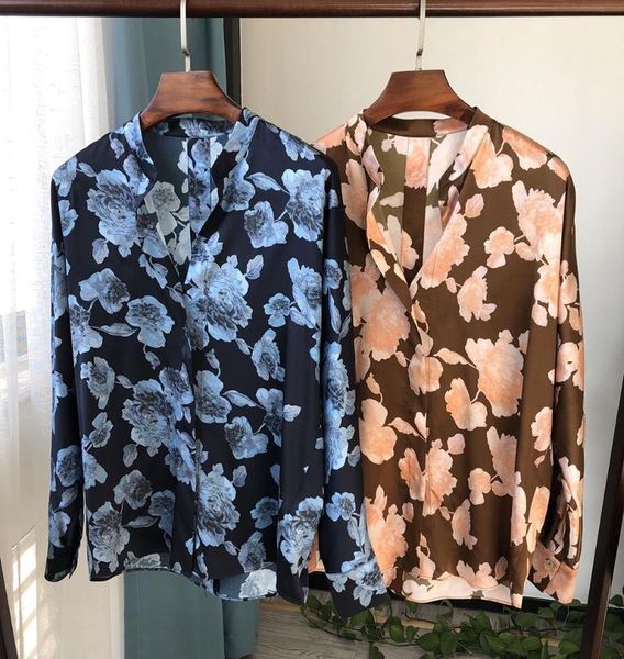 

women's blouses & shirts women silk spandex blend stand collar floral printed blouse shirt with long sleeve, White