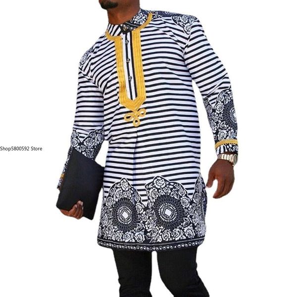 

ethnic clothing striped printed casual t-shirt men's fashion long sleeve mid-length dashiki african clothes muslim plus size, Red