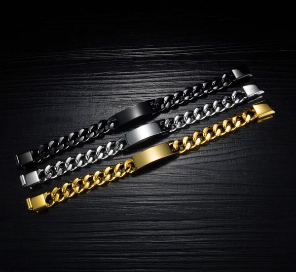 

polished id bracelet for men women stainless steel cuban curb link chain shiny bar magnet bangle 11mm 8.66 inch 65g weight, Black