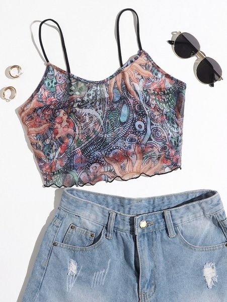 

all over print mesh crop cami l4uy#, White