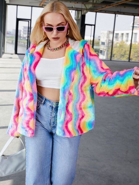 

plus wave rainbow striped hooded teddy jacket e1c0#, Black