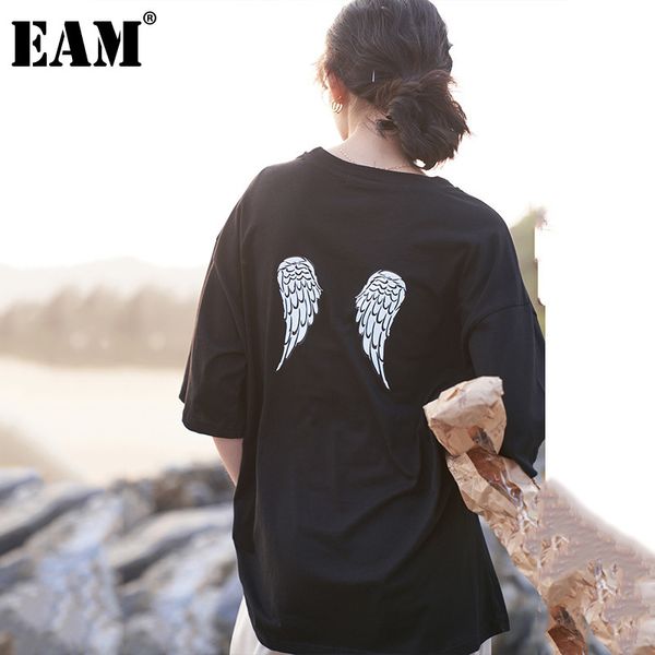 

[eam] women black big size casual printed wing pattern t-shirt round neck short sleeve fashion spring summer 1dd8030 21512, White