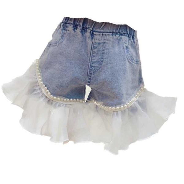 

jeans 2021 summer girls beading baby denim shorts kids bottoms children fashion mesh stitching, Blue