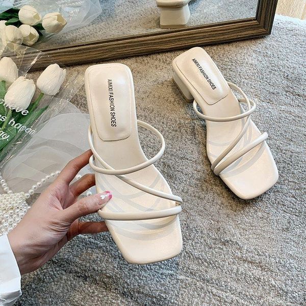 

slippers 2021 summer elegant silp-on heels vintage thin strap sandals for women square fashion black white shoes ladies