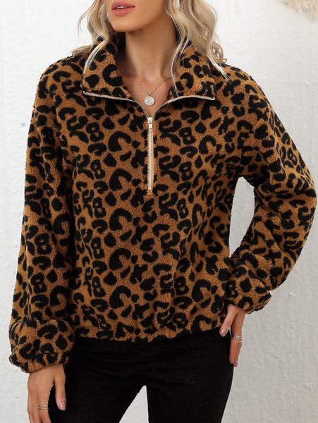 

emery rose leopard half zipper drop shoulder pullover p2c1#, White;black