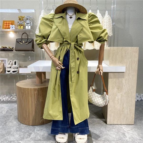 

women's trench coats french style bubble sleeve lace up long coat 2021 foreign fashion lapel waist closed double breasted windbreaker, Tan;black