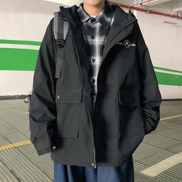 

men's jackets legible 2021 solid color mens pockets japanese casual loose harajuku hooded windbreaker men, Black;brown