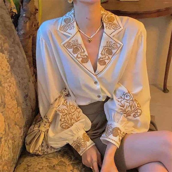 

new women luxury vintage embroidery floral blouses long lanternsleeve shirts woman party nice elegant blouses ns709 210412, White