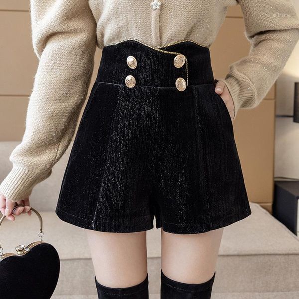 

women's shorts autumn winter high waist wide leg women black outerwear warm buttons phnom penh a-line short femme, White;black
