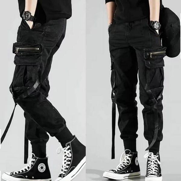

men's pants side pockets harem 2021 autumn hip hop casual ribbons design male joggers trousers fashion streetwear pant black