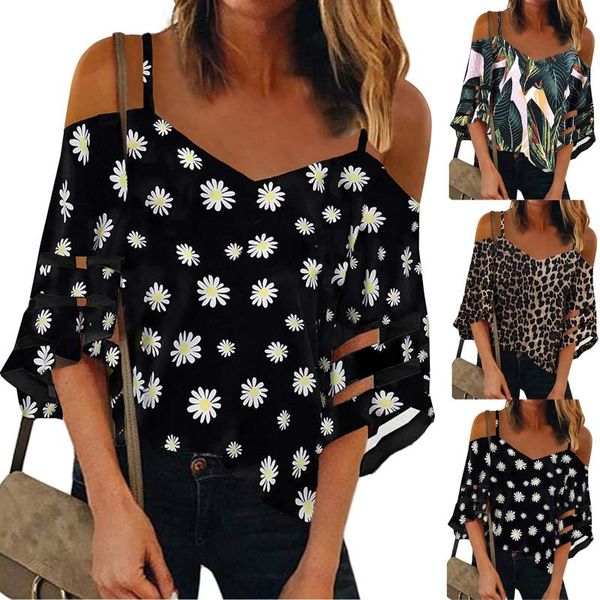 

women's blouses & shirts 2021 fashion v-neck shirt floral print 3/4 bell sleeve blouse casual elegant tunic women clothing chemise fem, White