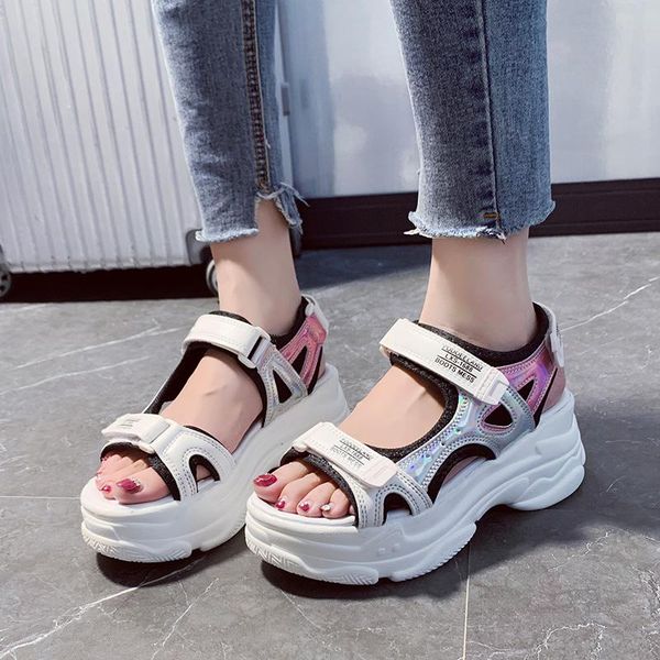 

sandals fashion laser sport women 2021 white wedges heels platform shoes woman outdoor beach summer ladies, Black
