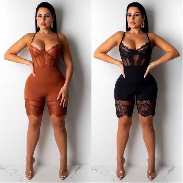 

lace mesh sheer women jumpsuit playsuit one piece club body outfit spaghetti strap backless bodycon rompers womens shorts, Black;white