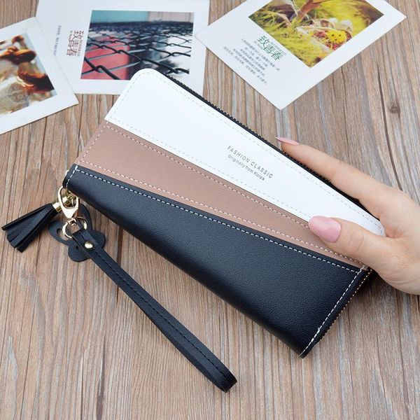 

wallets wallet long ms. zipper coin purse phone bag female student korean splicing hit color tassel wild handbag money, Red;black