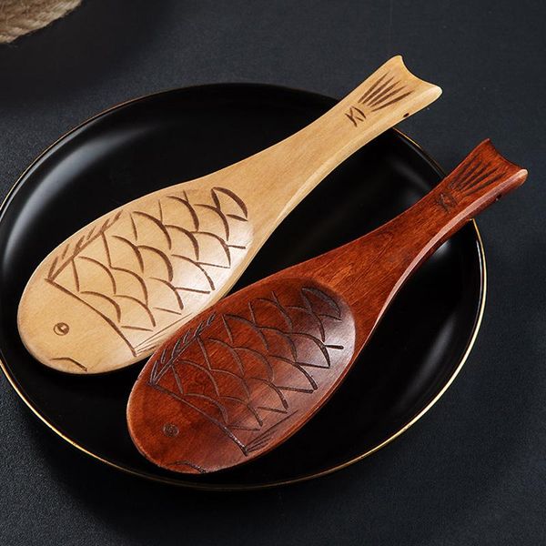 

spoons 2pcs wooden rice scoop paddle cute fish shape wood kitchen dessert potato serving spoon utensils