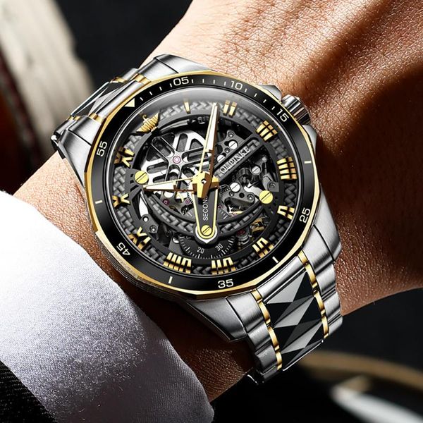 

wristwatches oupinke automatic watch men skeleton luxury sports sapphire glass stainless steel mechanical wristwatch waterproof montre homme, Slivery;brown