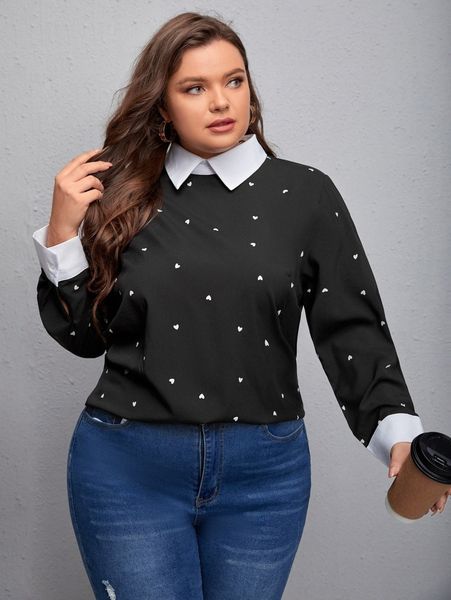 

plus confetti heart print contrast panel 2 in 1 blouse 877j#, Black