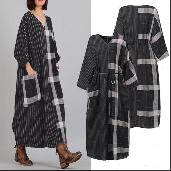 

patchwork sundress zanzea vintage women dresses spring check maxi casual long sleeve stripe vestidos female v neck robe 5xl, Black;gray